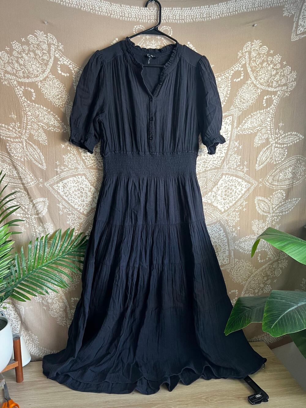 ME+EM Navy Crinkle Cotton Puff Sleeve Button-Front Smocked-Waist Midi Dress